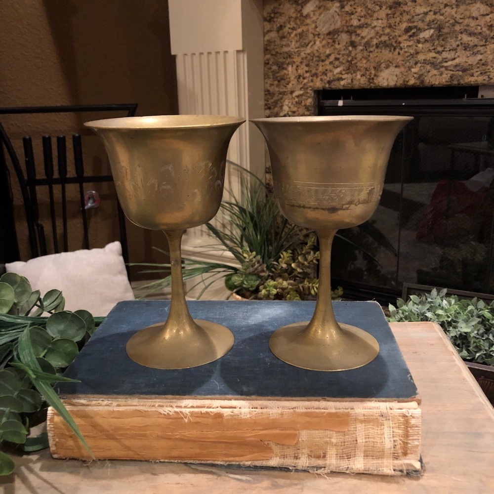 Vintage Brass Goblets Set Of 2 Unpolished